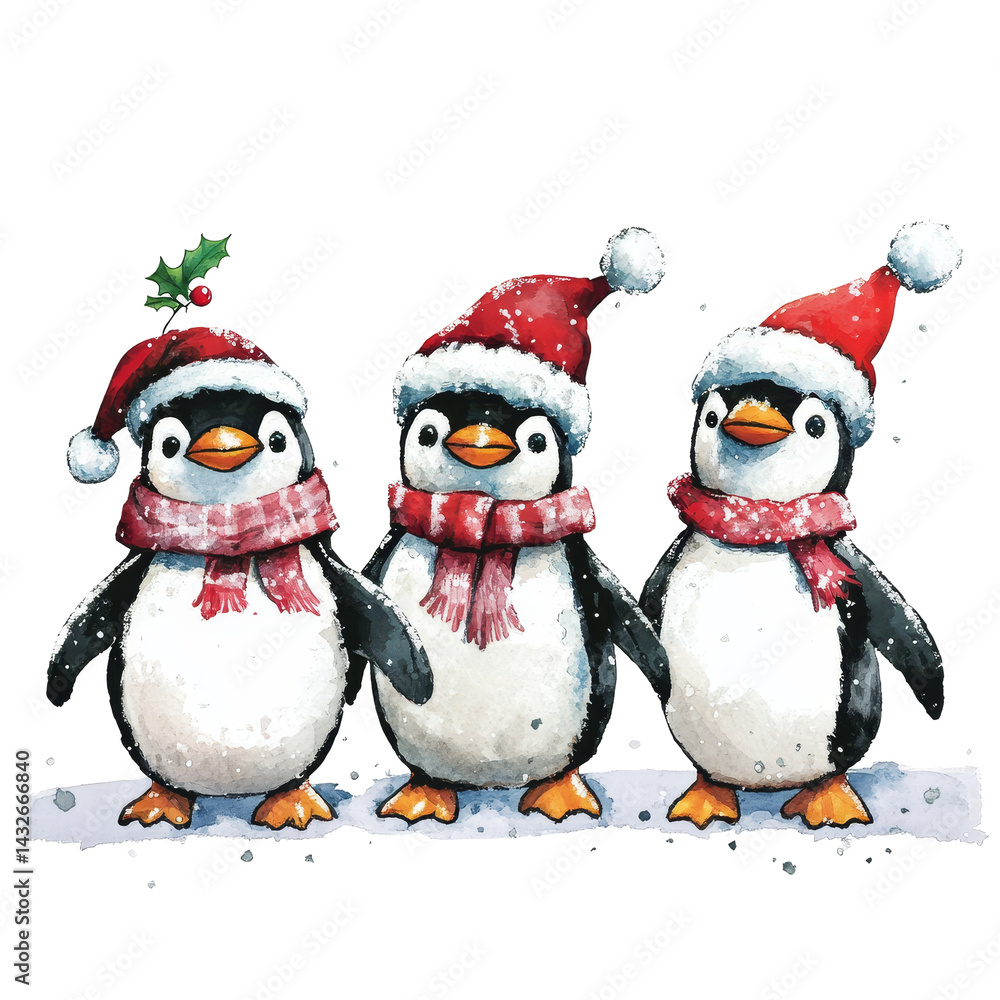 Fototapeta premium Festive penguins celebrating the holiday season with hats and scarves on a snowy background, Holiday Celebration Penguin Characters on transparent background