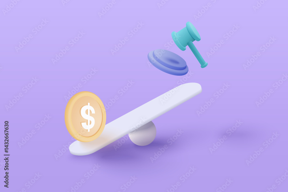 3D money coin compare judge gavel on weighing scales, financial investing, money exchange with law, financial management concept. 3d weighing balance vector render in purple background 3D money coin compare judge gavel on weighing scales, financial investing, money exchange with law, financial management concept. 3d weighing balance vector render in purple background