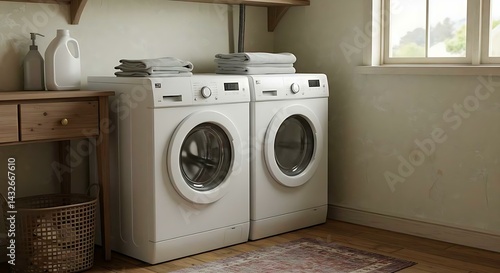 Wallpaper Mural Modern Laundry machine interior Room Design, Close-Up of Laundry Detergent Bottle Stock Image Torontodigital.ca