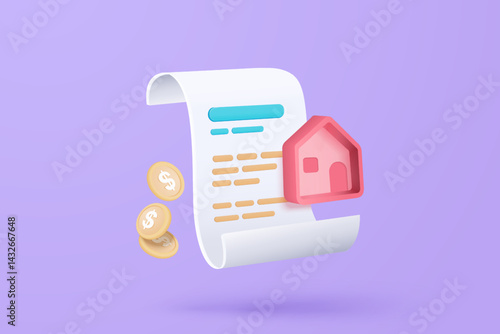3D vector bill with home for payment transaction with money coin. Business house invoice bill expenses idea concept. 3d cartoon render paper receipt for shopping in store isolate purple background