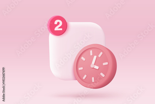 3D app icon with notification alert speech bubble, online social conversation comment push notice cartoon concept, clock app icons, chat with social media. 3d reminder render vector illustration