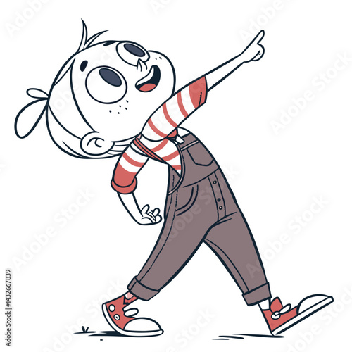 Excited child pointing upwards in striped shirt and overalls