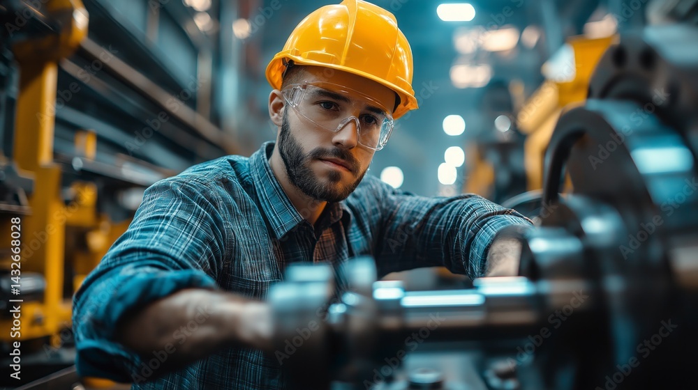 A man in a yellow helmet is working on a machine A man in a yellow helmet is working on a machine