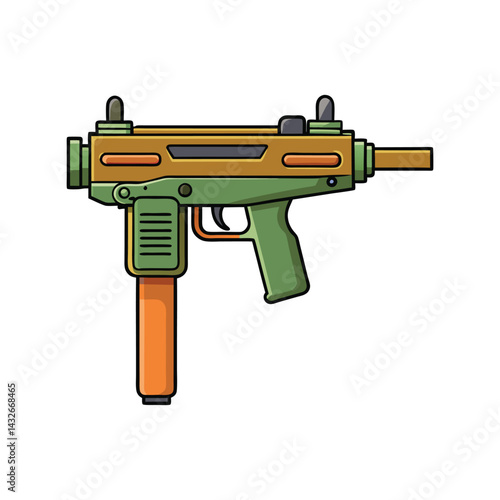 Uzi Gun Vector Illustration, Submachine Weapon Clipart, Tactical Firearm, Military Combat Design Ar