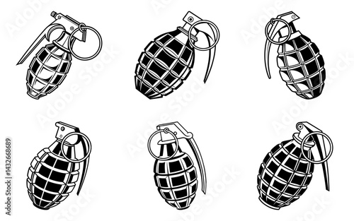 Grenade Silhouette Set Vector Illustration, Military Weapon Clipart Collection, Explosive Bomb Graphic