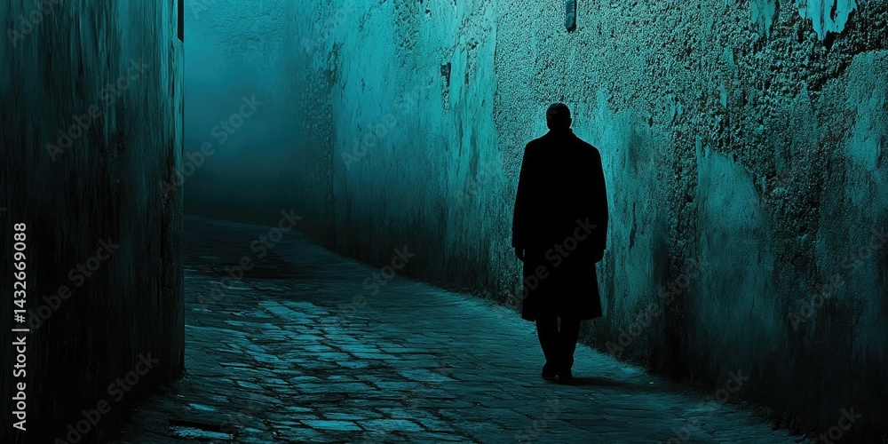 Mysterious Figure Walking Alone in a Dark and Foggy Alleyway at Night: A Silhouette in Teal Mysterious Figure Walking Alone in a Dark and Foggy Alleyway at Night: A Silhouette in Teal