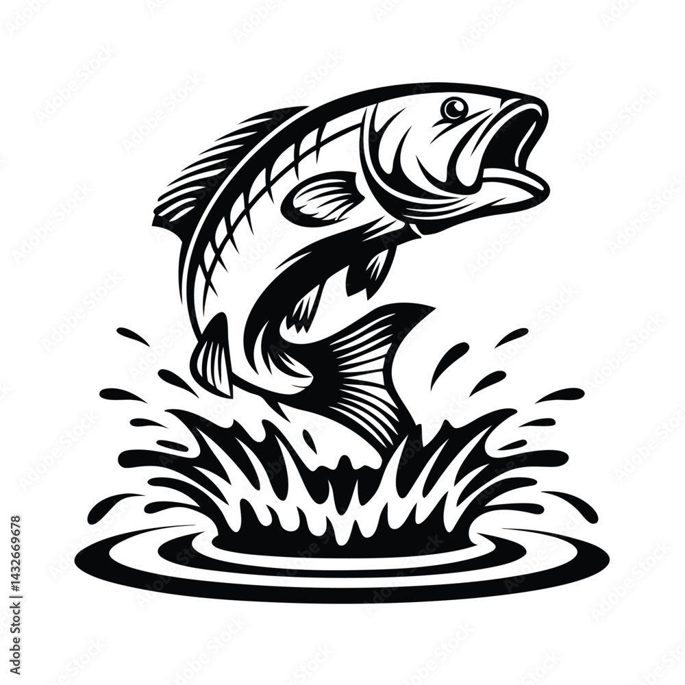 Obraz premium Black and White Bass Fish Jumping Out of Water, Silhouette Style, Abstract Splash Art