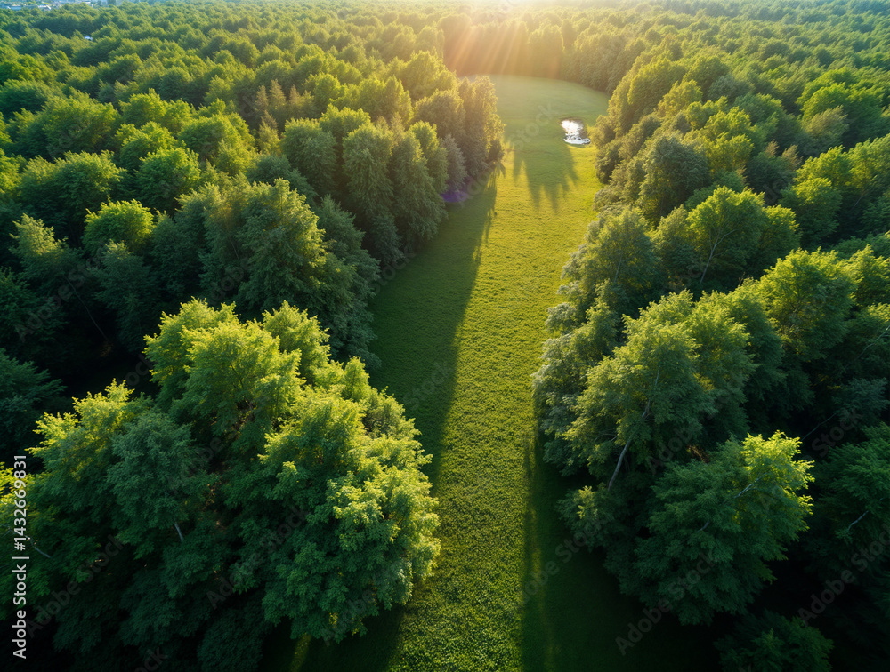 The image shows an aerial view of a forest with a sunlit clearing in the center