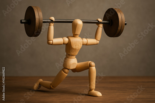 A wooden mannequin demonstrates strength training with a barbell. The scene captures the dedication to fitness and the art of weightlifting, emphasizing movement and focus.
