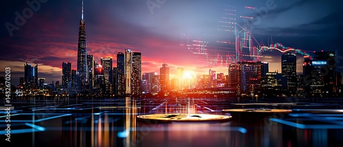 Futuristic city skyline with glowing charts and financial platform against a vibrant sky