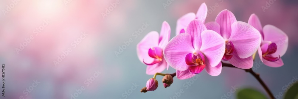 Obraz premium Delicate pink phalaenopsis orchids, soft focus, pastel backdrop , romantic, elegant