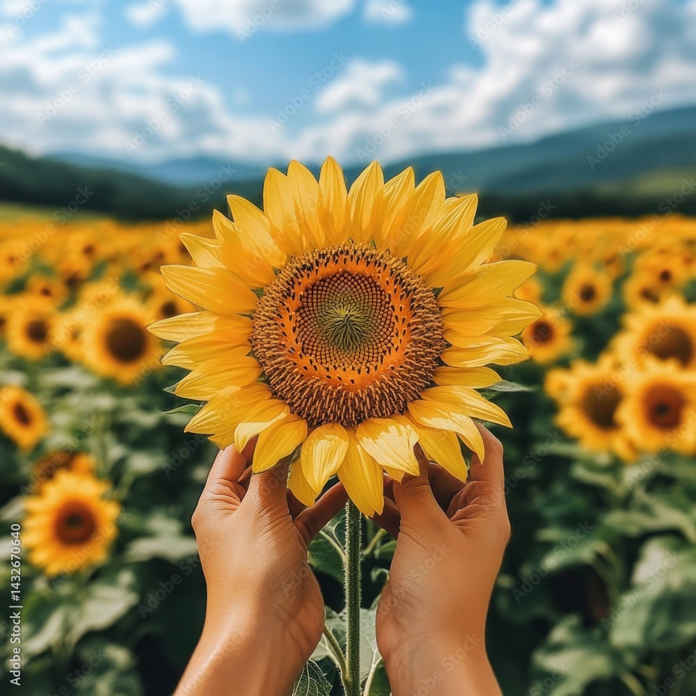 Fototapeta premium Hands hold sunflower in a field of sunflowers, mountains in the background