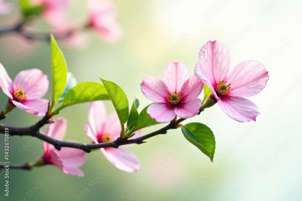 Naklejka premium Delicate pink dogwood blossoms, vibrant green foliage White background , bloom, photography