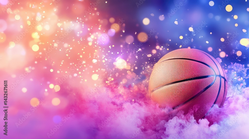 Ball centered in neon smoke burst, basketball energy theme in abstract background Ball centered in neon smoke burst, basketball energy theme in abstract background
