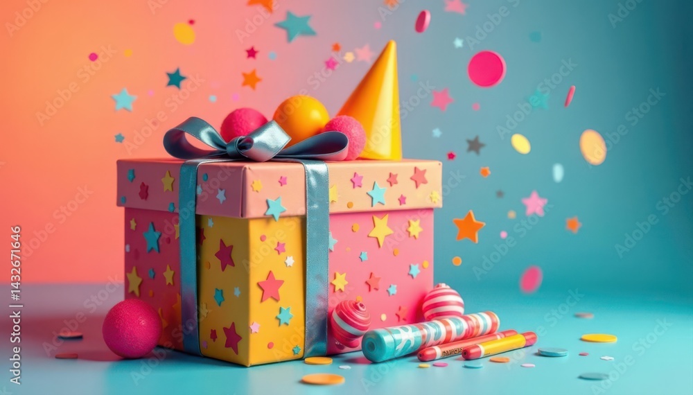 Fototapeta premium Gift box overflowing with colorful party supplies , anniversary, celebration decorations, noisemakers