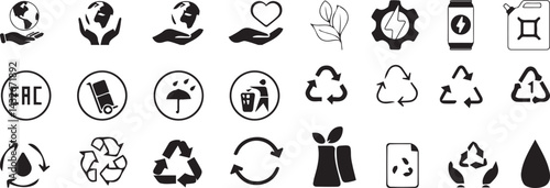 Set of 24 outline ecology and environment, recycling, nature protection, renewable energy and sustainable technology Vector illustration and with recycling editable vector isolated