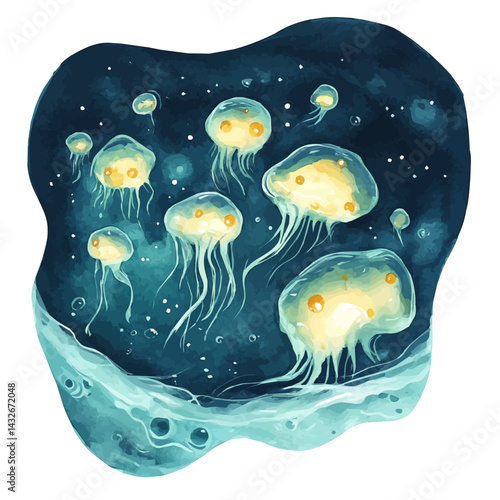 watercolor of Glowing Plankton Lighting Up The Tide, vector, isolated on a white background.