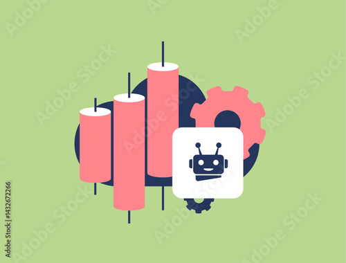 AI trading bots analyze crypto signals, stock charts and candlestick strategies for fast decision-making in markets. Automated ai trading robot assistant. Vector illustration and icons