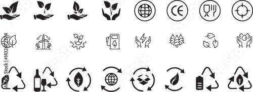 Set of 24 outline ecology and environment, recycling, nature protection, renewable energy and sustainable technology Vector illustration and with recycling editable vector isolated