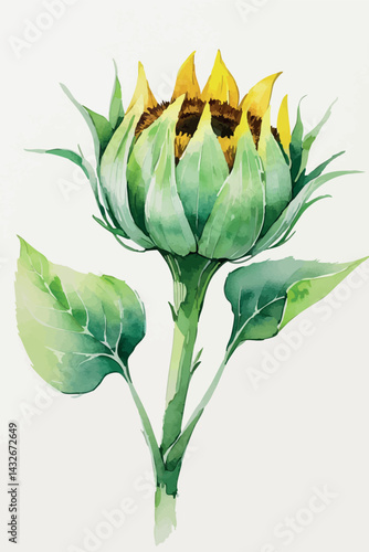 Sunflower bud in watercolor. Isolated young floral element for botanical and growth-themed designs.