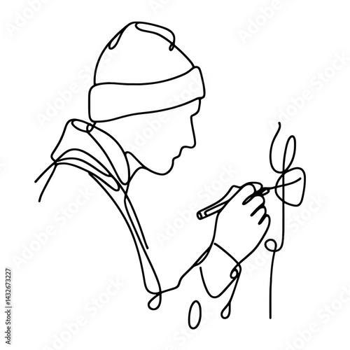 Street artist drawing graffiti in line art