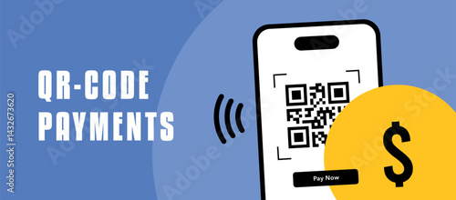 QR code and mobile wallet banner with contactless payment icons. Fintech payment system for secure qr transactions, digital checkout and e-commerce apps. Vector illustration and icons