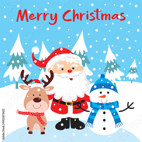 christmas card, gift bag or box design with santa, reindeer and snowman