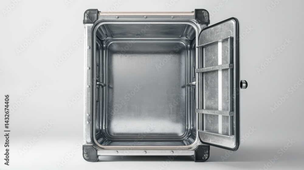 3D render of an empty metal safe with a partially open door, clear details, white background 3D render of an empty metal safe with a partially open door, clear details, white background