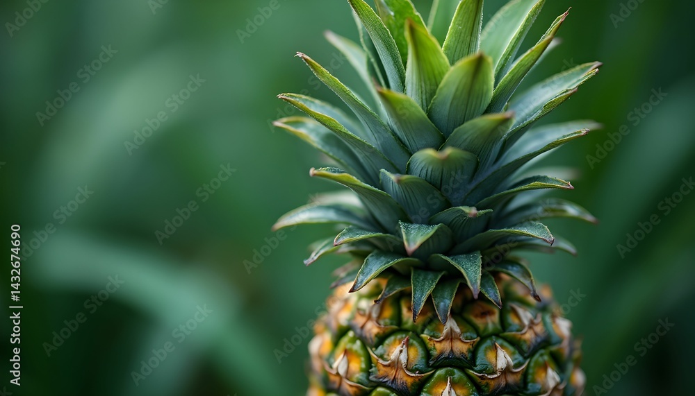 Fototapeta premium Freshly picked pineapple showing vibrant green leaves and textured skin in a tropical setting during daylight hours Generative AI
