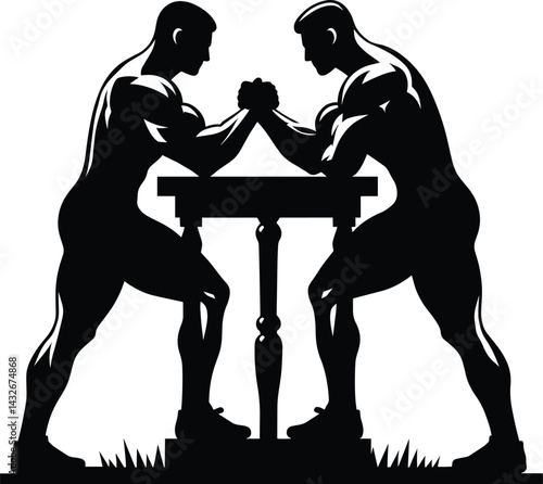 Muscular body builder arm wrestling Silhouette Vector Illustration isolated on a white background