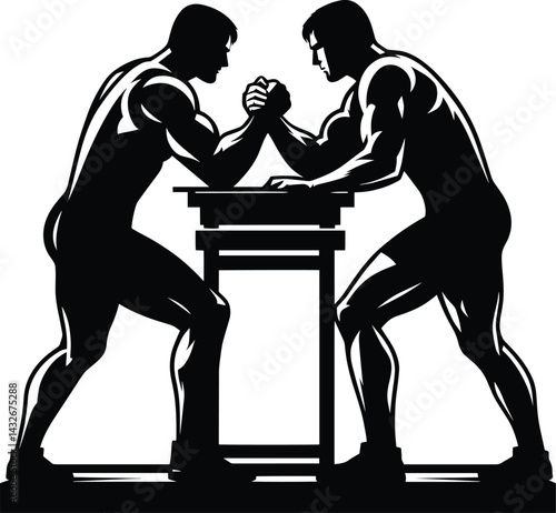 Muscular body builder arm wrestling Silhouette Vector Illustration isolated on a white background
