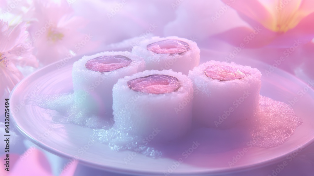 Dreamy sushi display with ethereal light and floral accents for unique presentation Dreamy sushi display with ethereal light and floral accents for unique presentation
