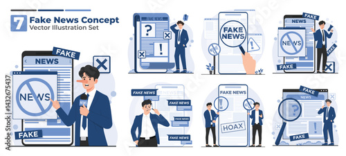 Illustration set of fake news and hoax concept featuring people journalist spreading misinformation, checking facts, and reacting