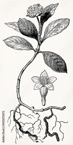 Uragoga ipecacuanha (Ipecac Root) with flower, detailed botanical engraving in vintage style. Antique stylized illustration.