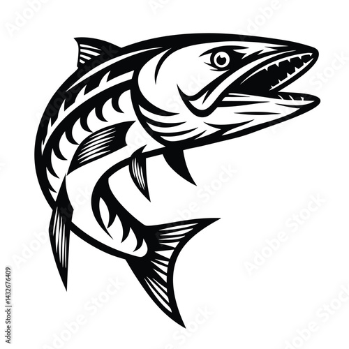 Barracuda Fish Silhouette Sharp Teeth, Open Mouth, Predatory Fish, Black and White