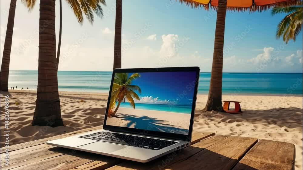 Laptop with tropical beach with palm trees wallpaper on a sandy beach in heat on trip. Remote work on vacation and travel, home office, internet, tours, resort, hotel. Laptop with tropical beach with palm trees wallpaper on a sandy beach in heat on trip. Remote work on vacation and travel, home office, internet, tours, resort, hotel.