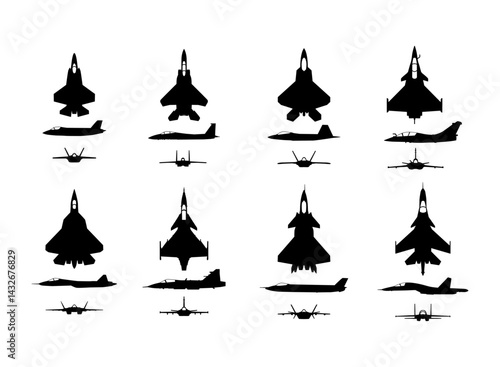 fighter jet vector silhouette view top, side and front