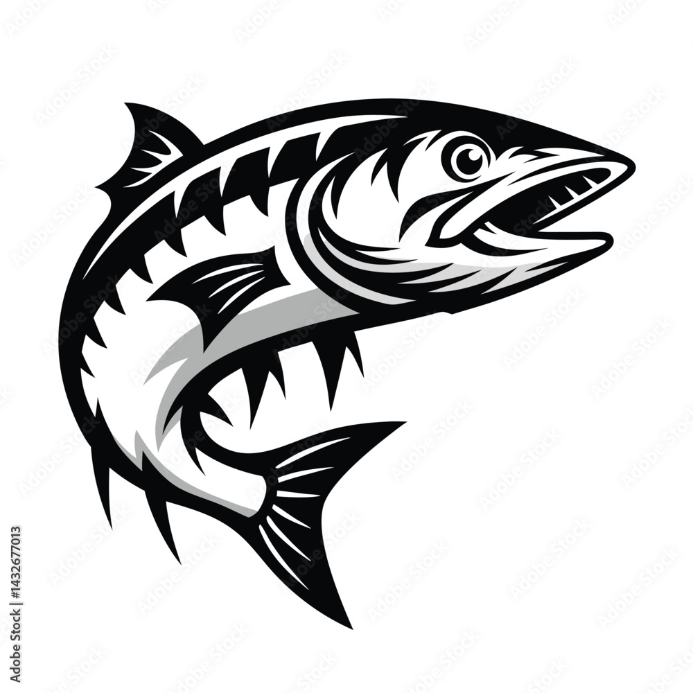 Black and White Stylized Jumping Fish on Isolated Clean Background Design Black and White Stylized Jumping Fish on Isolated Clean Background Design