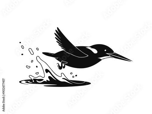 Flying kingfisher catching fish silhouette illustration with splash effect