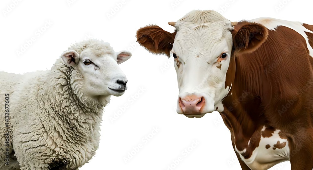 Obraz premium Close-up of a sheep and a cow standing side by side in front of a white backdrop.