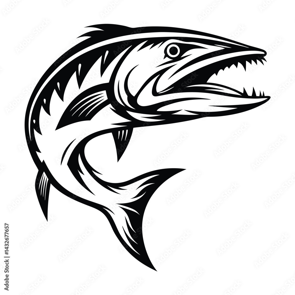 Barracuda Fish Silhouette | Sharp Teeth, Open Mouth, Ocean Predator, Marine Animal Barracuda Fish Silhouette | Sharp Teeth, Open Mouth, Ocean Predator, Marine Animal