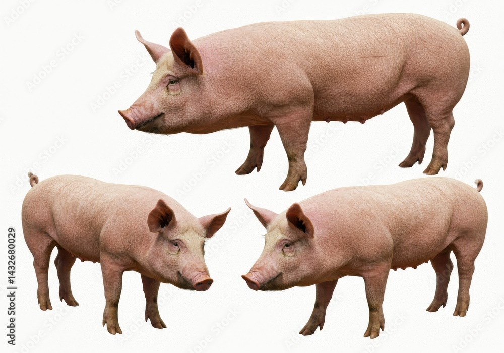Three pink pigs standing against a white background in a studio shot showcasing farm animals Three pink pigs standing against a white background in a studio shot showcasing farm animals