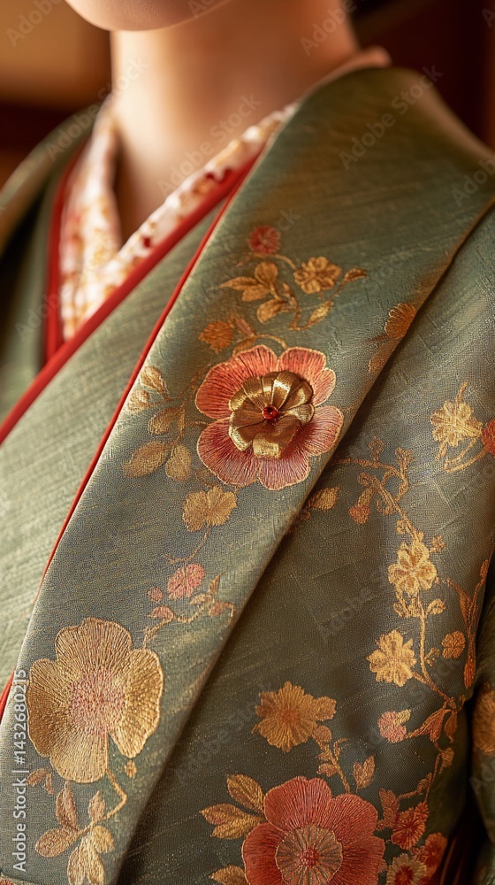 Naklejka premium Elegant traditional Japanese garment with floral embroidery