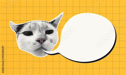 Funky halftone Cat Collage with Speech Bubble on Yellow Grid Background with grain