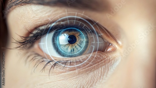 Close-up of a human eye with a digital overlay, suggesting technology and biometric identification.
