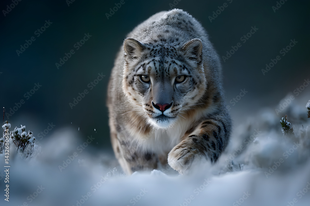 Fototapeta premium Snow leopard prowls through snowy landscape Generative AI