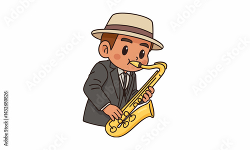 cute male saxophonist with hat performing to play saxophone cartoon illustration