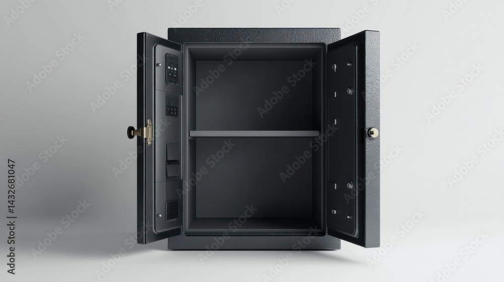 Half-open metal safe with an empty interior, 3D render, clean white background 
