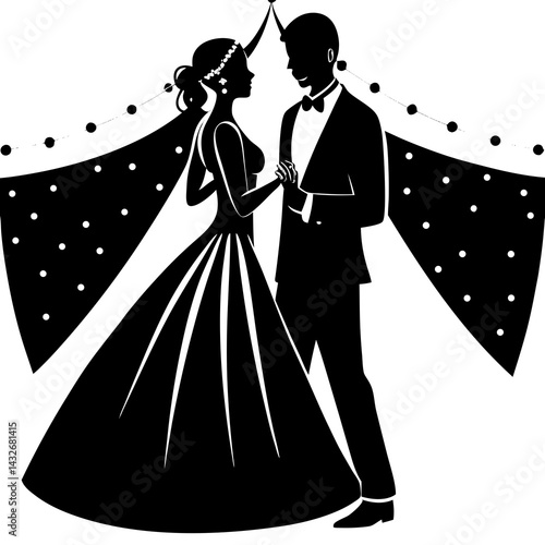 A silhouette of a bride and groom sharing their first dance under soft, glowing lights, creating a romantic and elegant atmosphere