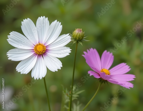 Close-up image of a pink and white Cosmos bippinatus flowers, also known as garden cosmos or Mexican aster, with yellow center.